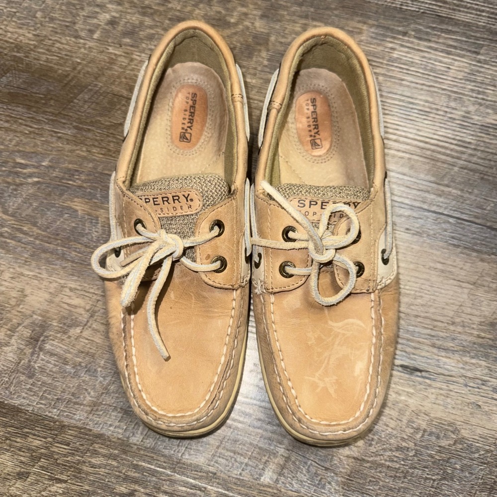 Sperry Top-Sider Bluefish 2-Eye Boat Shoes Womens 7.5 M Tan Linen Oat Leather - Picture 5 of 9